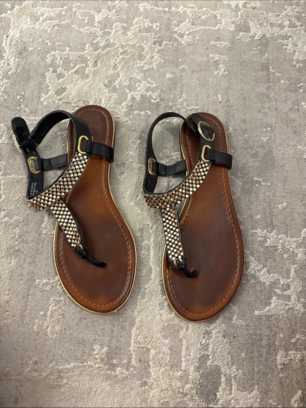 Aldo Black & Brown Embellished T-Strap Sandals